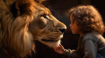 profil av en orädd ung kvinna barn försiktigt rörande de ansikte av en mycket stor lejon - generativ ai. foto