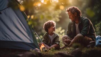 far och son njuter deras campingplats med deras tält och lägereld tillsammans - generativ ai. foto