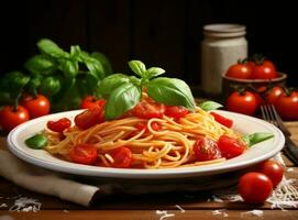 pasta med kött sås och några tomater foto