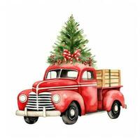 söt jul vattenfärg röd retro bil med jul träd lögner på den isolerat foto