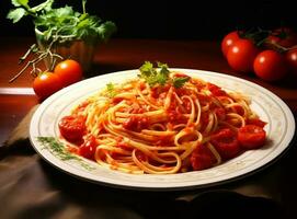 pasta med kött sås och några tomater foto
