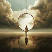 en person stående i främre av en cirkulär spegel ai generativ foto