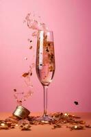champagne glas med konfetti på rosa bakgrund. ai generativ foto