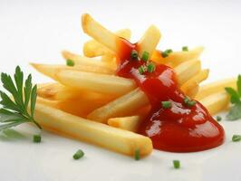 utsökt gott franska frites med ketchup och persilja för garnering foto