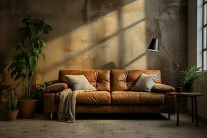 levande rum interiör i Hem med brun läder soffa och krukväxter dekoration utseende estetisk foto