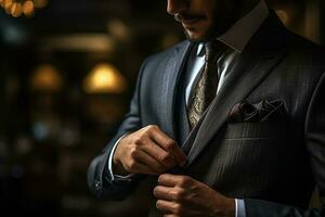 framgångsrik affärsman knäpp hans svart kostym till se propert och elegant på arbetsplats foto
