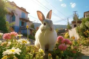 söt vit kanin spelar i skön blommor fält med by hus bakgrund på morgon- foto