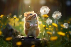 söt vild hamster spelar på en blommande äng njuter skön maskros i de morgon- foto