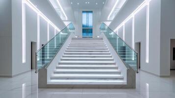trappa med led belysning i en modern interiör. ai genererad. foto