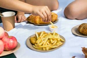 två skol äta frites med sås på en picknick i de parkera. miljövänlig disponibel servis. skola måltider foto