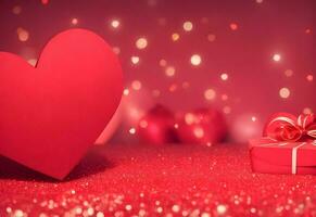 hjärta formad gåva låda på röd bokeh bakgrund för födelsedag gåva hjärtans dag och ny år.generativ ai foto