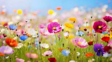 natur blommig bakgrund i tidigt sommar. färgrik naturlig vår landskap med med blommor, mjuk selektiv fokus, generativ ai illustration foto