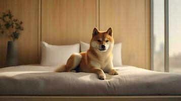 shiba inu hund liggande på säng i hotell med samtida interiör design. generativ ai foto