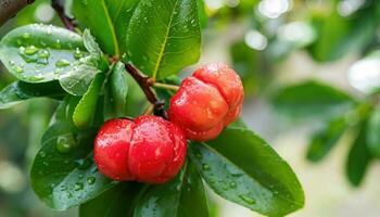 acerola körsbär frukt på de träd med vatten släppa foto