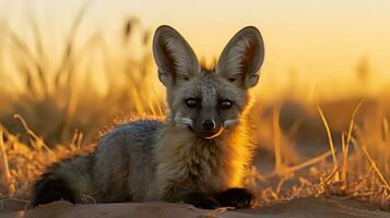 Foto av fladdermus örat räv på savann på solnedgång. generativ ai