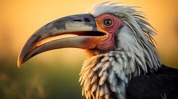 Foto av gulnäbbad hornbill på svart bakgrund. generativ ai