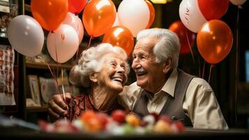 drömmande mitten åldrig senior kärleksfull pensionerad familj par, njuter fredlig ögonblick avkopplande tillsammans, med suddig bakgrund, generativ ai illustration foto