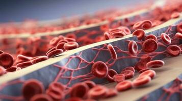 3d illustration attrapp av de mänsklig organ system, cirkulations, matsmältning, röd och vit blod celler med suddig bakgrund. medicinsk utbildning begrepp, generativ ai illustration foto