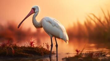 Foto av afrikansk spoonbill på savann på solnedgång. generativ ai