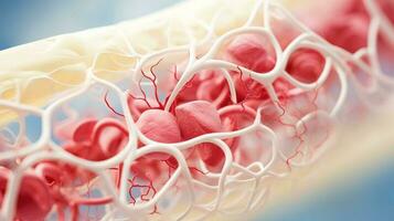 3d illustration attrapp av de mänsklig organ system, cirkulations, matsmältning, röd och vit blod celler med suddig bakgrund. medicinsk utbildning begrepp, generativ ai illustration foto