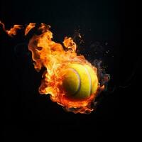 eldig tennis boll på svart bakgrund, tennis boll på brand foto
