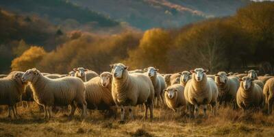 söt Lycklig lamm på de fält, får. generativ ai foto