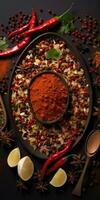 indisk kryddor stänga upp. peppar, gurkmeja timjan paprika kummin. generativ ai foto