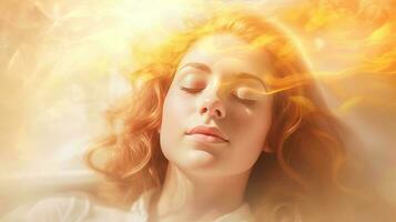 illustration av kvinna sovande och drömmer. psykisk flicka anser sinne och hjärta, andlighet, esoterism. psykisk vågor begrepp, generativ ai illustration foto