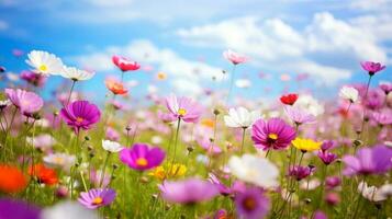 natur blommig bakgrund i tidigt sommar. färgrik naturlig vår landskap med med blommor, mjuk selektiv fokus, generativ ai illustration foto