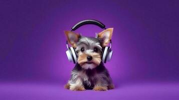 Foto av yorkshire terrier använder sig av hörlurar på lila bakgrund