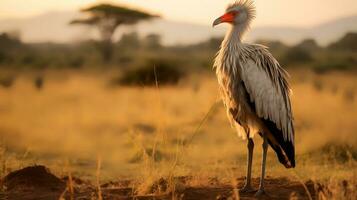 Foto av sekreterare fågel på savann på solnedgång. generativ ai