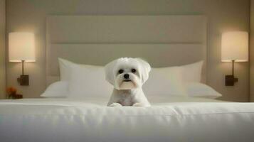 maltese hund liggande på säng i hotell med samtida interiör design. generativ ai foto