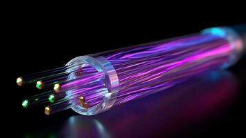 fiber optisk nätverk med hög hastighet data förbindelse kabel, visa upp Avancerad teknologi på en vibrerande bakgrund. ai genererad foto