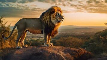Foto av lejon på savann på solnedgång. generativ ai