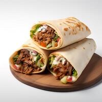 mat fotografi av shawarma på trä- styrelse isolerat på vit bakgrund. generativ ai foto