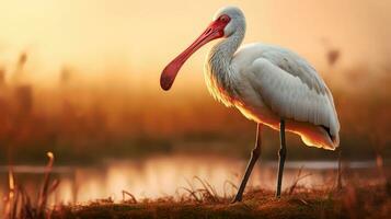 Foto av afrikansk spoonbill på savann på solnedgång. generativ ai