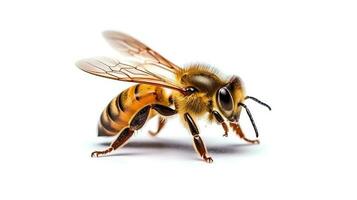 Foto av en honung bi på vit bakgrund. generativ ai