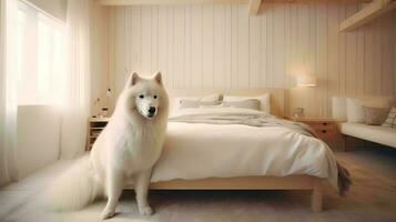samojed hund liggande på säng i hotell med samtida interiör design. generativ ai foto