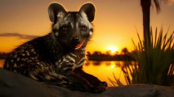 Foto av afrikansk handflatan sibetkatt på savann på solnedgång. generativ ai