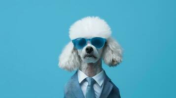 Foto av högdragen pudel hund använder sig av solglasögon och kontor kostym på vit bakgrund. generativ ai