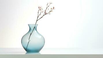 Foto av ett stam växt i minimalistisk transparent vas som krukväxt för Hem dekoration på värma Färg bakgrund. generativ ai