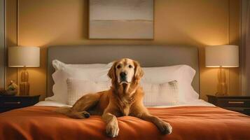 gyllene retriever hund liggande på säng i hotell med samtida interiör design. generativ ai foto