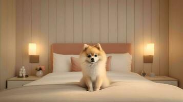 pomeranian hund liggande på säng i hotell med samtida interiör design. generativ ai foto