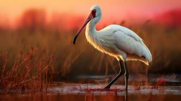 Foto av afrikansk spoonbill på savann på solnedgång. generativ ai