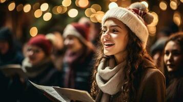 entusiastisk carolers förbi en dekorerad jul träd foto