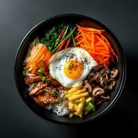 Foto av bibimbap på mörk skål isolerat på svart bakgrund. skapas förbi generativ ai