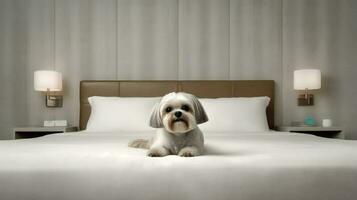 lhasa apso hund liggande på säng i hotell med samtida interiör design. generativ ai foto