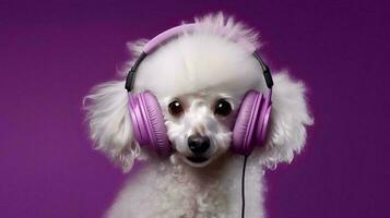 Foto av pudel hund använder sig av hörlurar på lila bakgrund. generativ ai