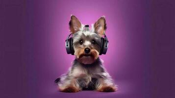 Foto av yorkshire terrier använder sig av hörlurar på lila bakgrund