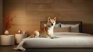 shiba inu hund liggande på säng i hotell med samtida interiör design. generativ ai foto